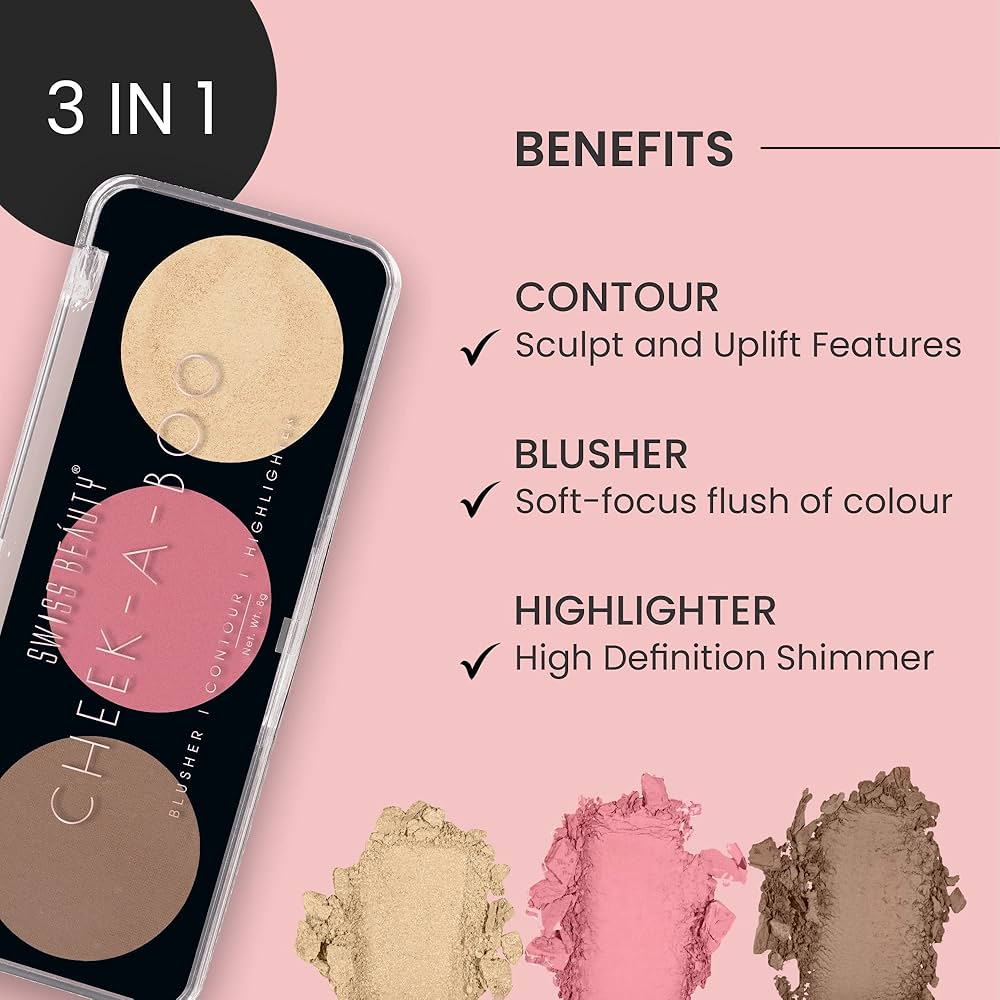 Swiss Beauty Cheek- A- Boo Face Palette With Blusher, Contour And Highlighter | Highly Pigmented And Easy To Blend Shades |
